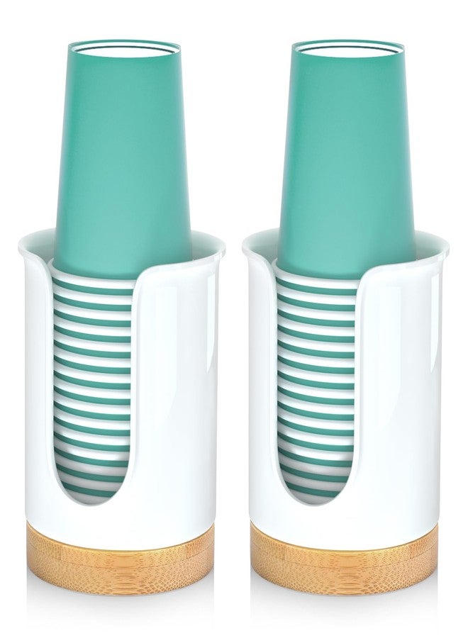 BYAWAY 2 Pack Bathroom Cup Dispenser - Small Cup Holder and Mouthwash Cups Holder for 3 Oz Countertop - Convenient Paper Cup Dispenser - Bamboo Wood Base Bathroom Cup Holder（White） - Image 1