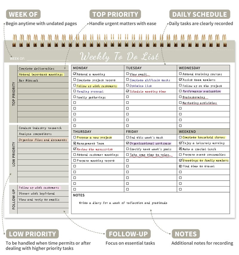 ALKALO 104 Pgs Weekly To Do List Notepad, 52 Duplex-Printed Undated Sheets 100 GSMï¼ˆ8.5"Ã—11") Weekly Desk Planner For Work Home School Office Desk Accessories Supplies & Goal Setting Tasks - Beige - Image 2