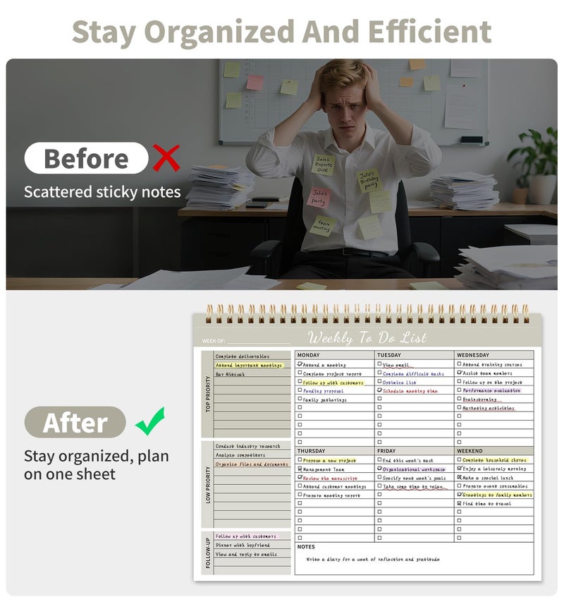 ALKALO 104 Pgs Weekly To Do List Notepad, 52 Duplex-Printed Undated Sheets 100 GSMï¼ˆ8.5"Ã—11") Weekly Desk Planner For Work Home School Office Desk Accessories Supplies & Goal Setting Tasks - Beige - Image 4