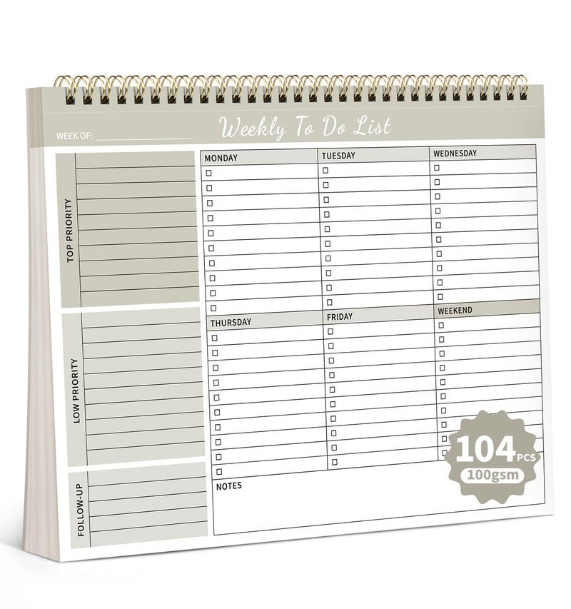 ALKALO 104 Pgs Weekly To Do List Notepad, 52 Duplex-Printed Undated Sheets 100 GSMï¼ˆ8.5"Ã—11") Weekly Desk Planner For Work Home School Office Desk Accessories Supplies & Goal Setting Tasks - Beige - Image 1