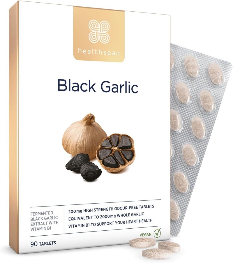 Healthspan Black Garlic 2000mg 90 Tablets Heart Health Added Vitamin B1 Rich in Amino Acids Odour Controlled Tablets Vegan - Image 1