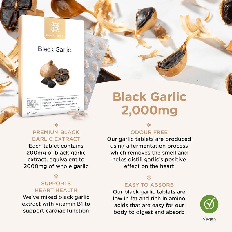 Healthspan Black Garlic 2000mg 90 Tablets Heart Health Added Vitamin B1 Rich in Amino Acids Odour Controlled Tablets Vegan - Image 2
