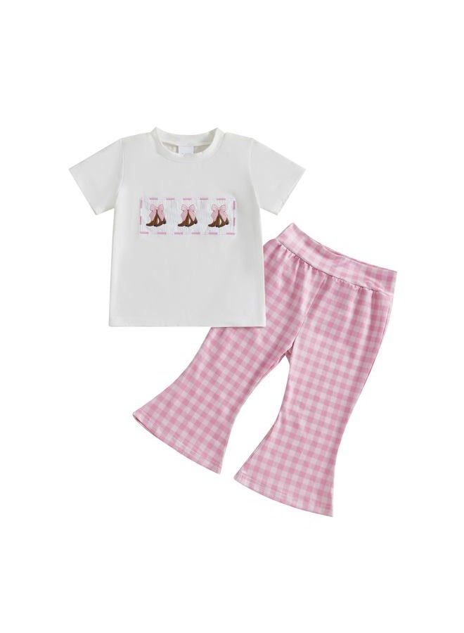 Licupiee Toddler Baby Girl Western Outfits Embroidery Cow Short Sleeve Shirts and Gingham Pants Set 2Pcs Summer Fall Clothes, Pink, 2-3 Years - Image 1
