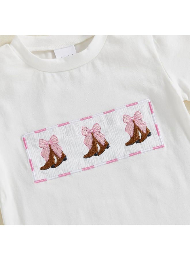 Licupiee Toddler Baby Girl Western Outfits Embroidery Cow Short Sleeve Shirts and Gingham Pants Set 2Pcs Summer Fall Clothes, Pink, 2-3 Years - Image 3
