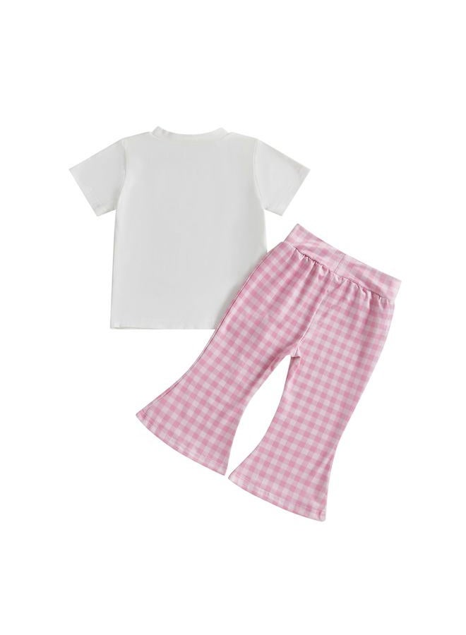 Licupiee Toddler Baby Girl Western Outfits Embroidery Cow Short Sleeve Shirts and Gingham Pants Set 2Pcs Summer Fall Clothes, Pink, 2-3 Years - Image 2