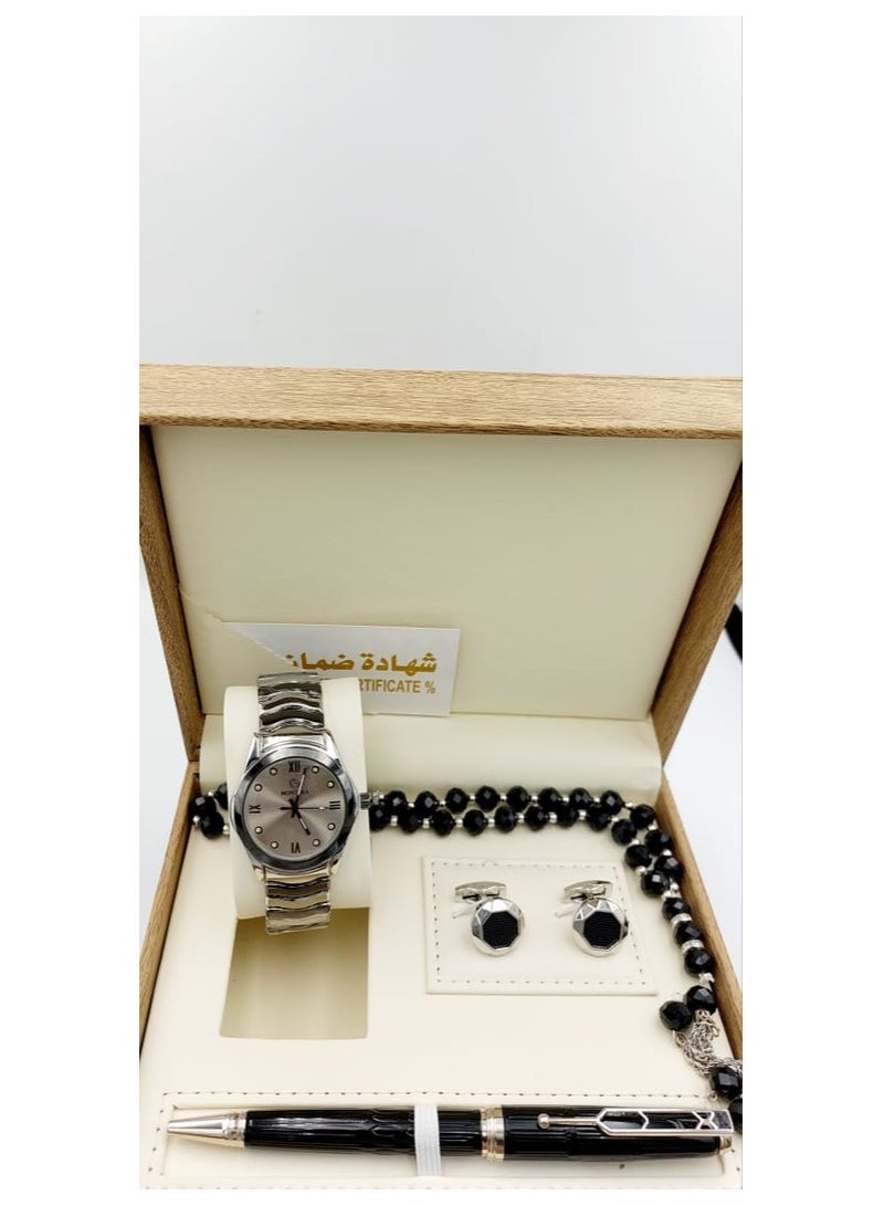 مونتيرا طقم رجالي مكون من ٤ قطع ساعة وقلم وكبك وسبحه