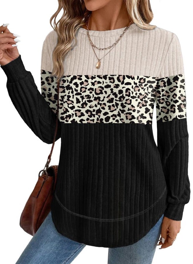 OFEEFAN Tunic Tops for Women Loose Fit Dressy Long Sleeve Shirts Womens Sweaters Crew Neck Fall Clothing with Curved Hem, B-leopard Black, XL - Image 1