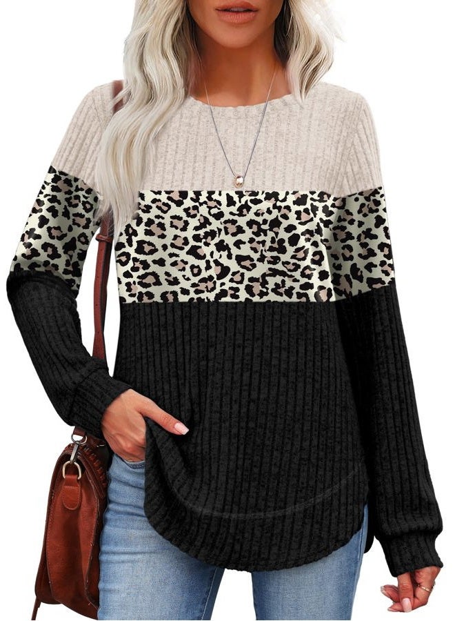 OFEEFAN Tunic Tops for Women Loose Fit Dressy Long Sleeve Shirts Womens Sweaters Crew Neck Fall Clothing with Curved Hem, B-leopard Black, XL - Image 2