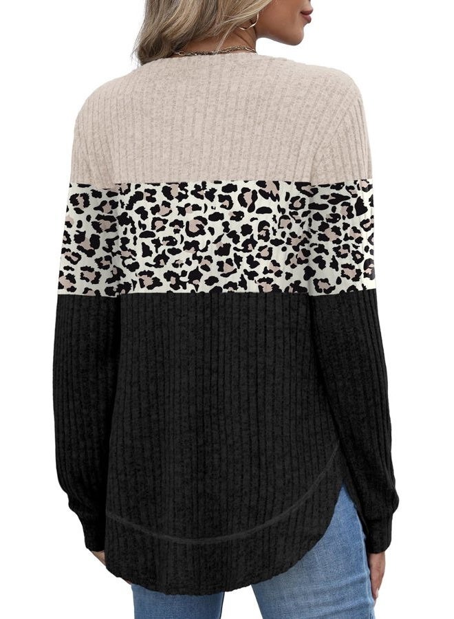 OFEEFAN Tunic Tops for Women Loose Fit Dressy Long Sleeve Shirts Womens Sweaters Crew Neck Fall Clothing with Curved Hem, B-leopard Black, XL - Image 4