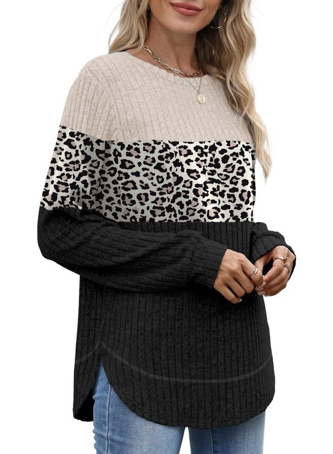 OFEEFAN Tunic Tops for Women Loose Fit Dressy Long Sleeve Shirts Womens Sweaters Crew Neck Fall Clothing with Curved Hem, B-leopard Black, XL - Image 3
