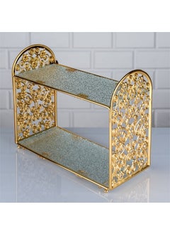 Devigo 2 Tier Mirrored Glass Makeup Organizer Jewelry Organizer Cosmetic Organizer Gold Embroidered  - Image 1