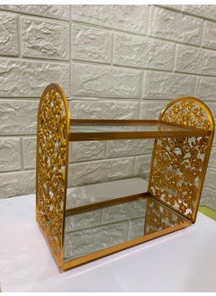 Devigo 2 Tier Mirrored Glass Makeup Organizer Jewelry Organizer Cosmetic Organizer Gold Embroidered  - Image 2