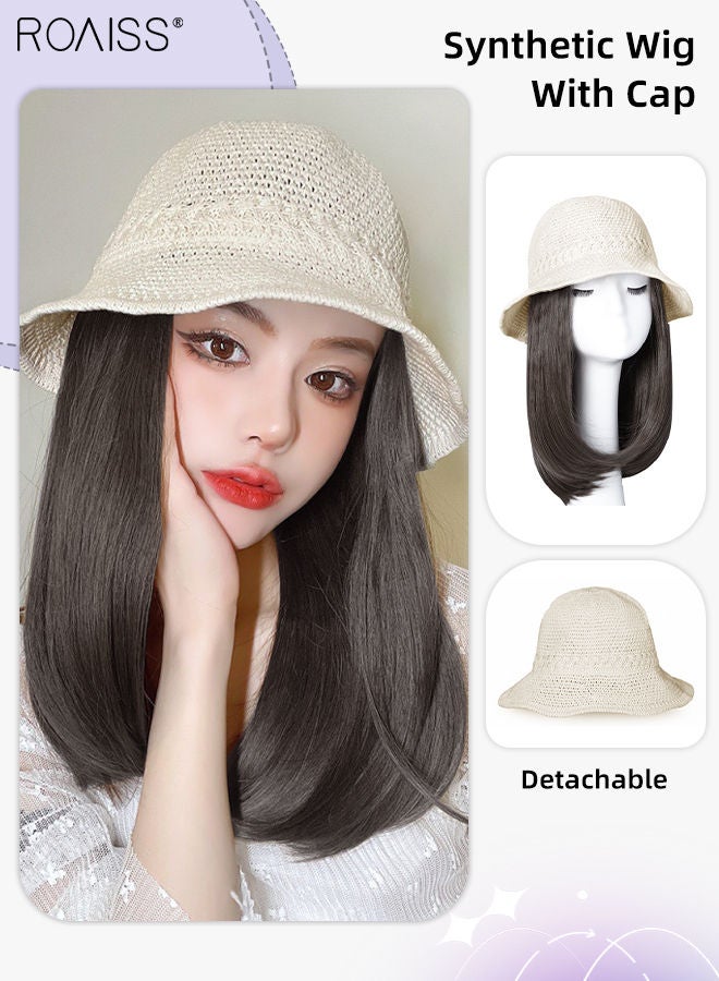 roaiss Straight Bucket Hat Wig, Shoulder Length Hair Extension Synthetic Wig Hat for Women, Detachable Bucket Cap Wig, 35cm (14 inch)  - Image 1