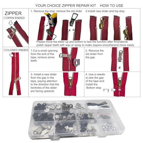 ZOMETUO 254 Pcs Zipper Repair Kit with Case Include Zipper Replacement and Pull, Universal Zippers Replacement kit for Cloting, Jackets, Coat, Boot, Backpack, Purse and Outdoor Gear - Image 5