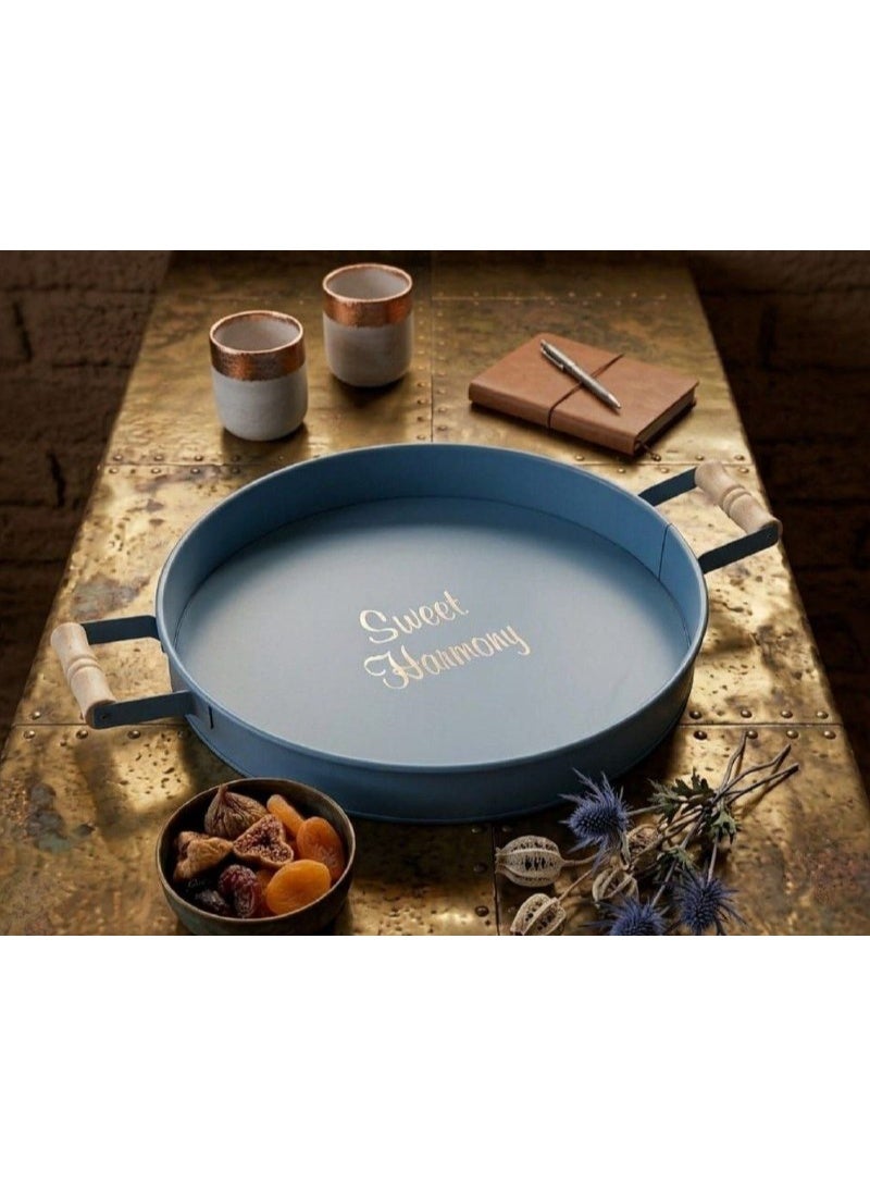 Decorative Round Metal Tray With Wooden Handle - 30CM Multi-Purpose Server, Jewelry, Cosmetic Organizer for Home, Cafe, Party (Blue) - Image 1