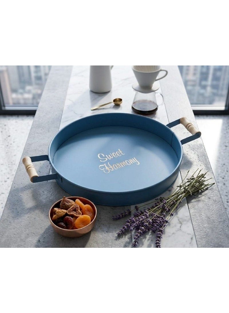 Decorative Round Metal Tray With Wooden Handle - 30CM Multi-Purpose Server, Jewelry, Cosmetic Organizer for Home, Cafe, Party (Blue) - Image 4