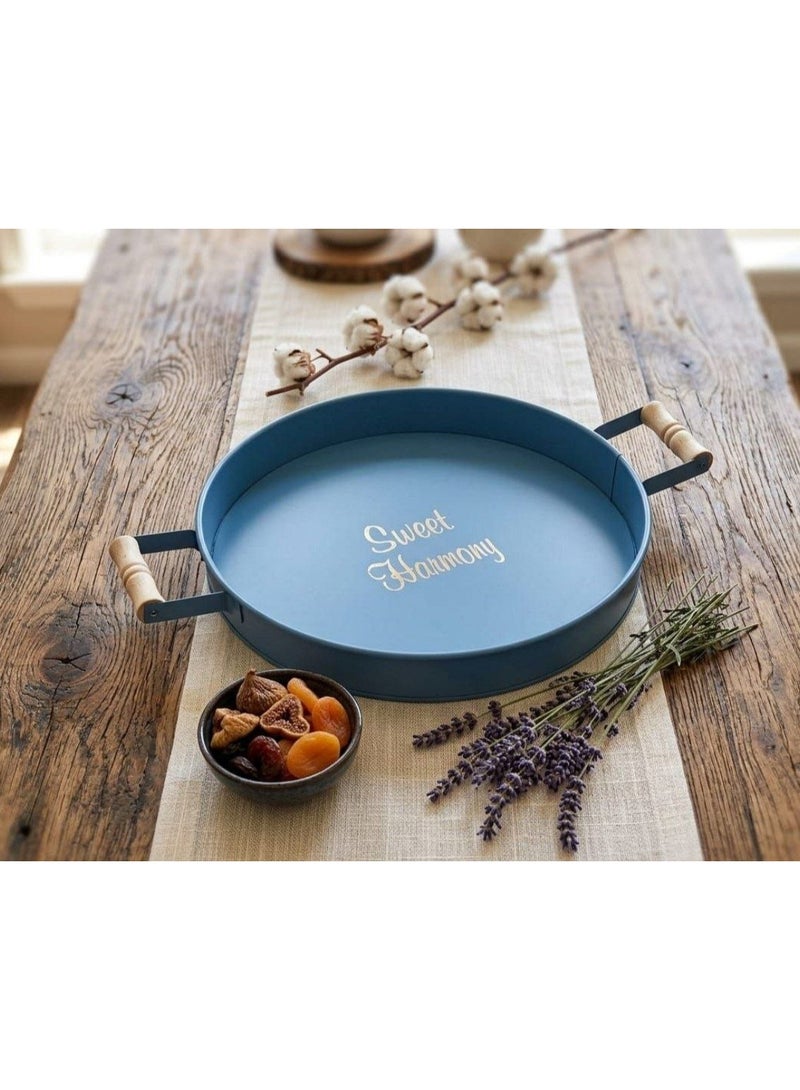 Decorative Round Metal Tray With Wooden Handle - 30CM Multi-Purpose Server, Jewelry, Cosmetic Organizer for Home, Cafe, Party (Blue) - Image 2
