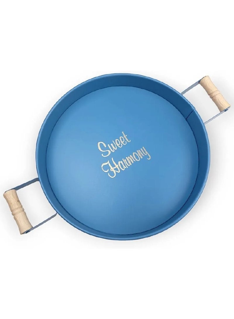 Decorative Round Metal Tray With Wooden Handle - 30CM Multi-Purpose Server, Jewelry, Cosmetic Organizer for Home, Cafe, Party (Blue) - Image 3
