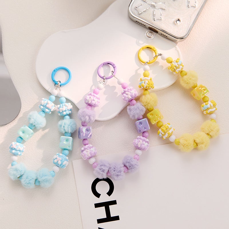 Cheese Cube Beaded Phone Chain, Pom-Pom Bag Charm, Hand-Painted Bead Keychain Accessories, Wholesale Bean Pod Doll - Image 4