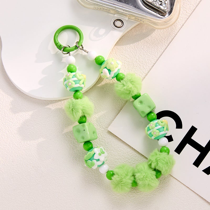 Cheese Cube Beaded Phone Chain, Pom-Pom Bag Charm, Hand-Painted Bead Keychain Accessories, Wholesale Bean Pod Doll - Image 1