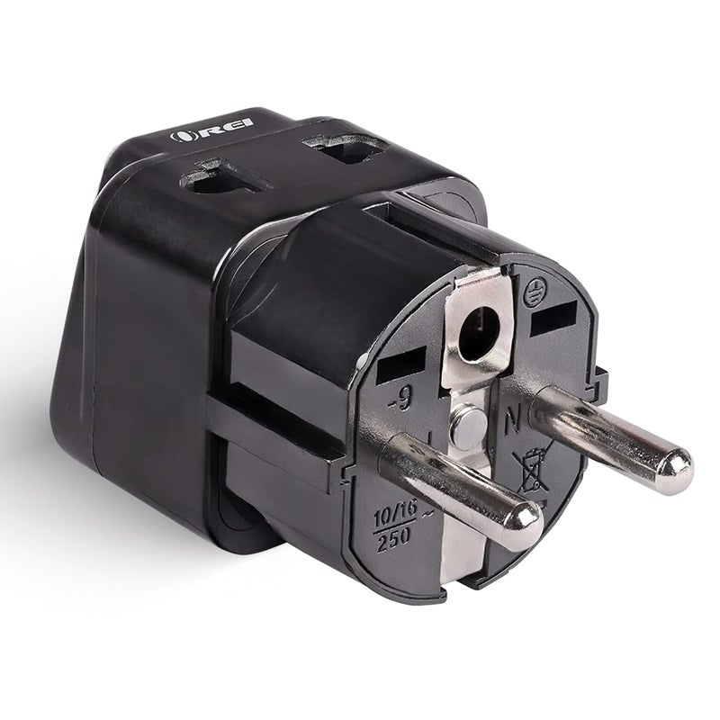 OREI OREI India Europe Travel Adapter India to Europe Schuko Plug Type EF European Plug Adapter 2 in 1 Perfect for Laptop Camera Charger and More CE RoHS Black 5 Years Warranty  - Image 1