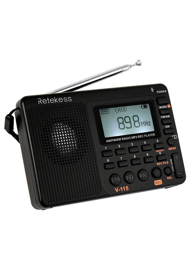FM/AM/SW Radio Multiband Radio Receiver REC Recorder Bass Sound MP3 Player Speakers with Sleep Timer Black - Image 1