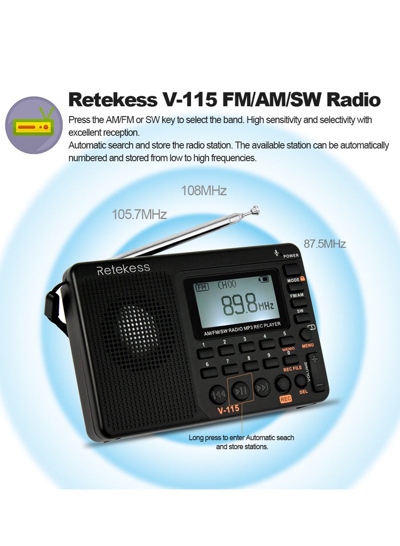 FM/AM/SW Radio Multiband Radio Receiver REC Recorder Bass Sound MP3 Player Speakers with Sleep Timer Black - Image 5