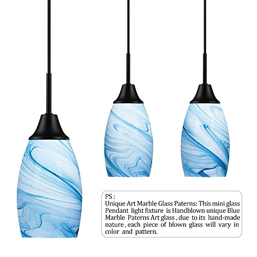 Viinew Mini Glass Pendant Light 4.72" with Handblown Blue Marble Art Glass Hanging Light 3-Pack Oval Ceiling Hanging Light Fixture for Dining Room Kitchen Island Cafe Foyer Hallway - Image 3