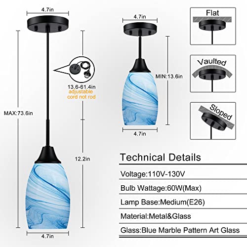 Viinew Mini Glass Pendant Light 4.72" with Handblown Blue Marble Art Glass Hanging Light 3-Pack Oval Ceiling Hanging Light Fixture for Dining Room Kitchen Island Cafe Foyer Hallway - Image 2