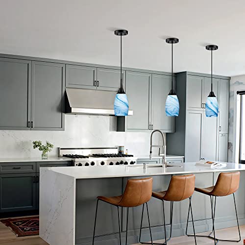 Viinew Mini Glass Pendant Light 4.72" with Handblown Blue Marble Art Glass Hanging Light 3-Pack Oval Ceiling Hanging Light Fixture for Dining Room Kitchen Island Cafe Foyer Hallway - Image 4