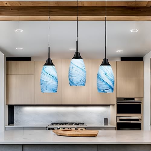 Viinew Mini Glass Pendant Light 4.72" with Handblown Blue Marble Art Glass Hanging Light 3-Pack Oval Ceiling Hanging Light Fixture for Dining Room Kitchen Island Cafe Foyer Hallway - Image 5
