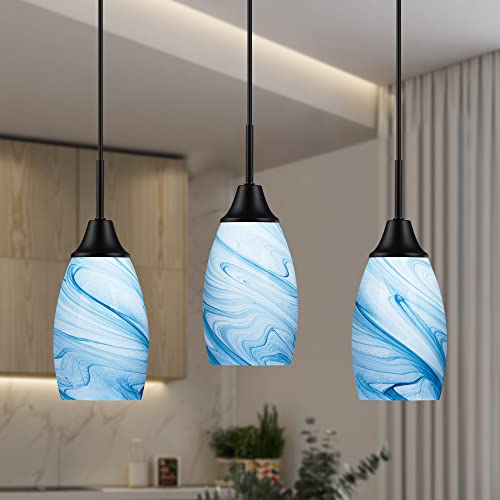 Viinew Mini Glass Pendant Light 4.72" with Handblown Blue Marble Art Glass Hanging Light 3-Pack Oval Ceiling Hanging Light Fixture for Dining Room Kitchen Island Cafe Foyer Hallway - Image 1
