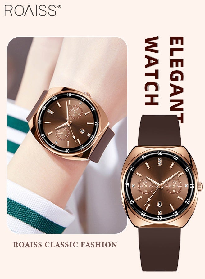 roaiss Women's Round Silicone Strap Quartz Watch, Analog Display Brown Dial with Two Small Dials, Retro Trendy Luminous Waterproof Wristwatch with Calendar Window, as Gift for Women - Image 1