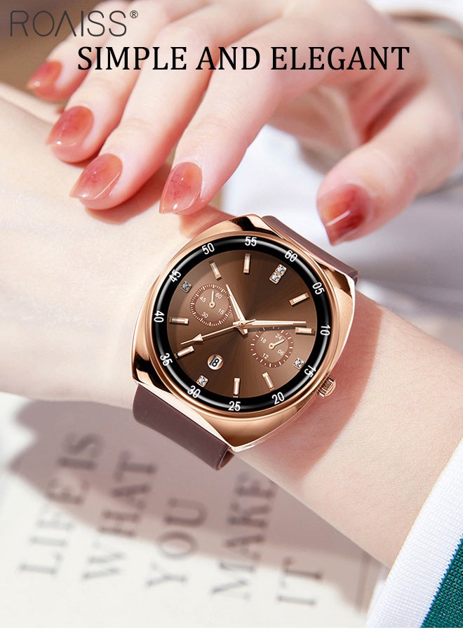 roaiss Women's Round Silicone Strap Quartz Watch, Analog Display Brown Dial with Two Small Dials, Retro Trendy Luminous Waterproof Wristwatch with Calendar Window, as Gift for Women - Image 2