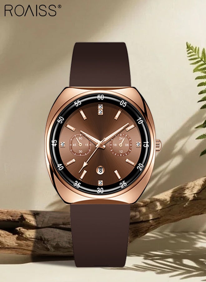 roaiss Women's Round Silicone Strap Quartz Watch, Analog Display Brown Dial with Two Small Dials, Retro Trendy Luminous Waterproof Wristwatch with Calendar Window, as Gift for Women - Image 3