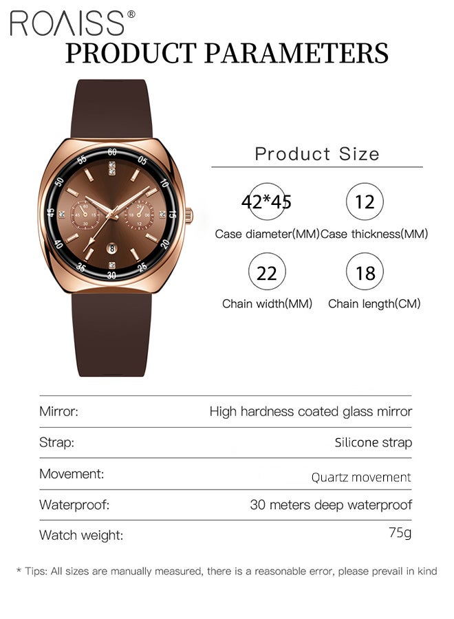 roaiss Women's Round Silicone Strap Quartz Watch, Analog Display Brown Dial with Two Small Dials, Retro Trendy Luminous Waterproof Wristwatch with Calendar Window, as Gift for Women - Image 4