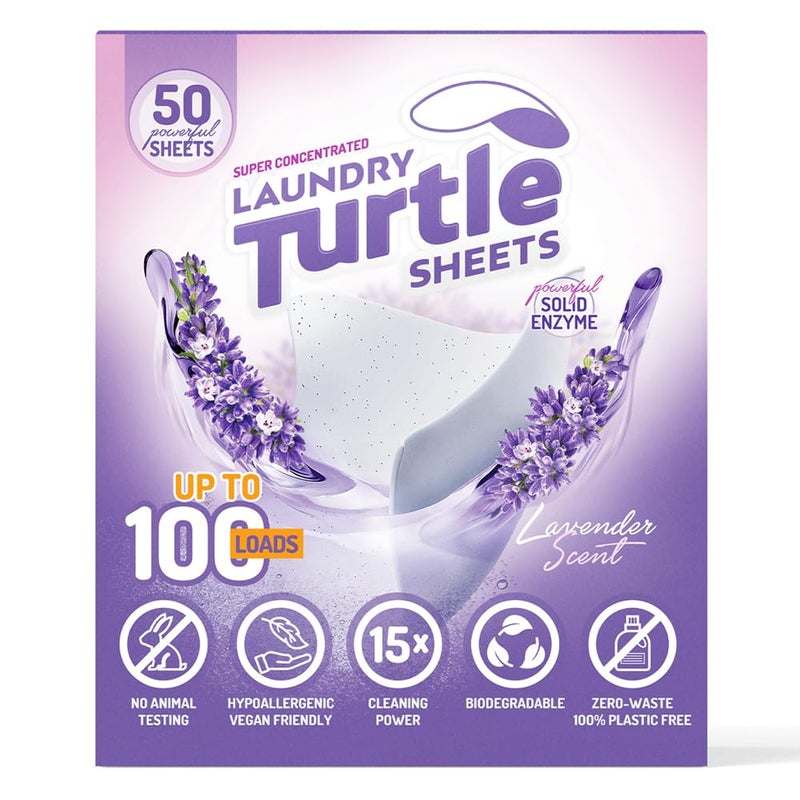 Laundry Turtle - Lavender Laundry Sheets Up to 100 Machine Loads â€“ Strips, Travel Size, 50 Non Toxic Laundry Detergent Sheets, Fresh Scent Washing Detergent, Strong Organic Cleaning Power - Image 1