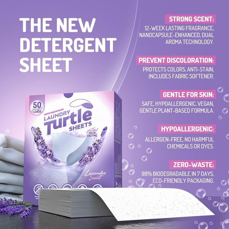 Laundry Turtle - Lavender Laundry Sheets Up to 100 Machine Loads â€“ Strips, Travel Size, 50 Non Toxic Laundry Detergent Sheets, Fresh Scent Washing Detergent, Strong Organic Cleaning Power - Image 4