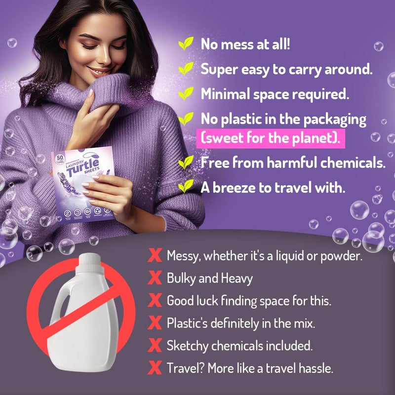 Laundry Turtle - Lavender Laundry Sheets Up to 100 Machine Loads â€“ Strips, Travel Size, 50 Non Toxic Laundry Detergent Sheets, Fresh Scent Washing Detergent, Strong Organic Cleaning Power - Image 5