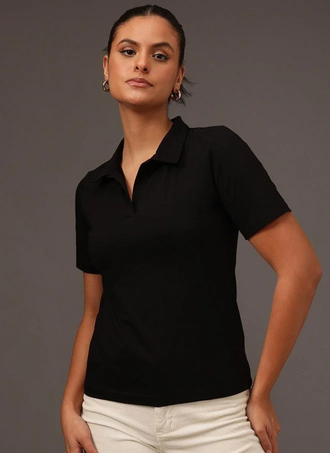 MINT STREET Black Cotton T-Shirt for Women