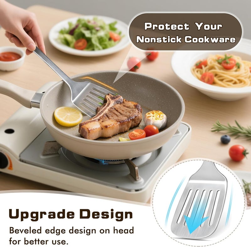 MemoGem 9 Pcs Cooking Utensils Set, Stainless Steel Kitchen Utensils, Heat Resistant Metal Kitchen Tools Include Solid & Slotted Turner Wok Spatula, Serving Spoon, Ladle, Pasta Server, Meat Fork, Tongs Silver - Image 4