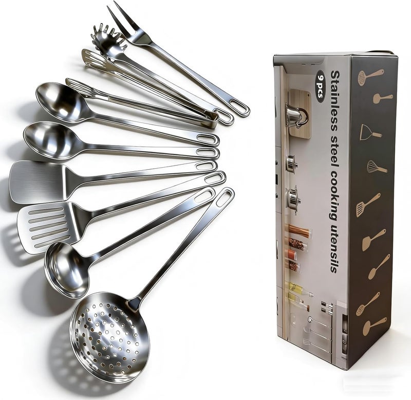 MemoGem 9 Pcs Cooking Utensils Set, Stainless Steel Kitchen Utensils, Heat Resistant Metal Kitchen Tools Include Solid & Slotted Turner Wok Spatula, Serving Spoon, Ladle, Pasta Server, Meat Fork, Tongs Silver - Image 1