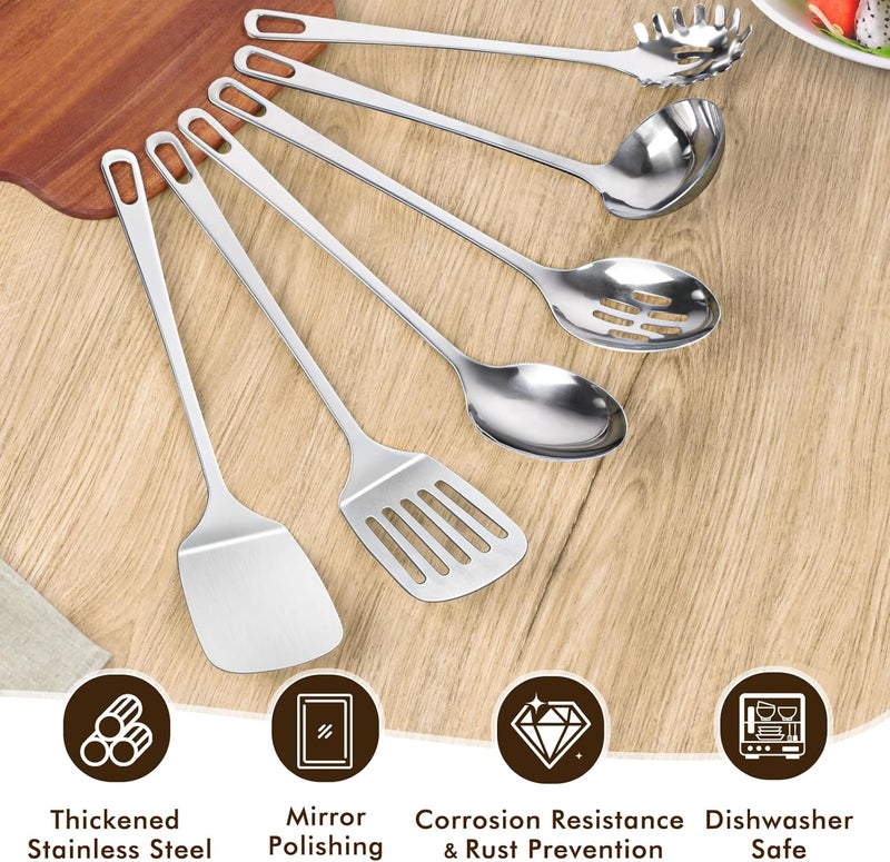 MemoGem 9 Pcs Cooking Utensils Set, Stainless Steel Kitchen Utensils, Heat Resistant Metal Kitchen Tools Include Solid & Slotted Turner Wok Spatula, Serving Spoon, Ladle, Pasta Server, Meat Fork, Tongs Silver - Image 2