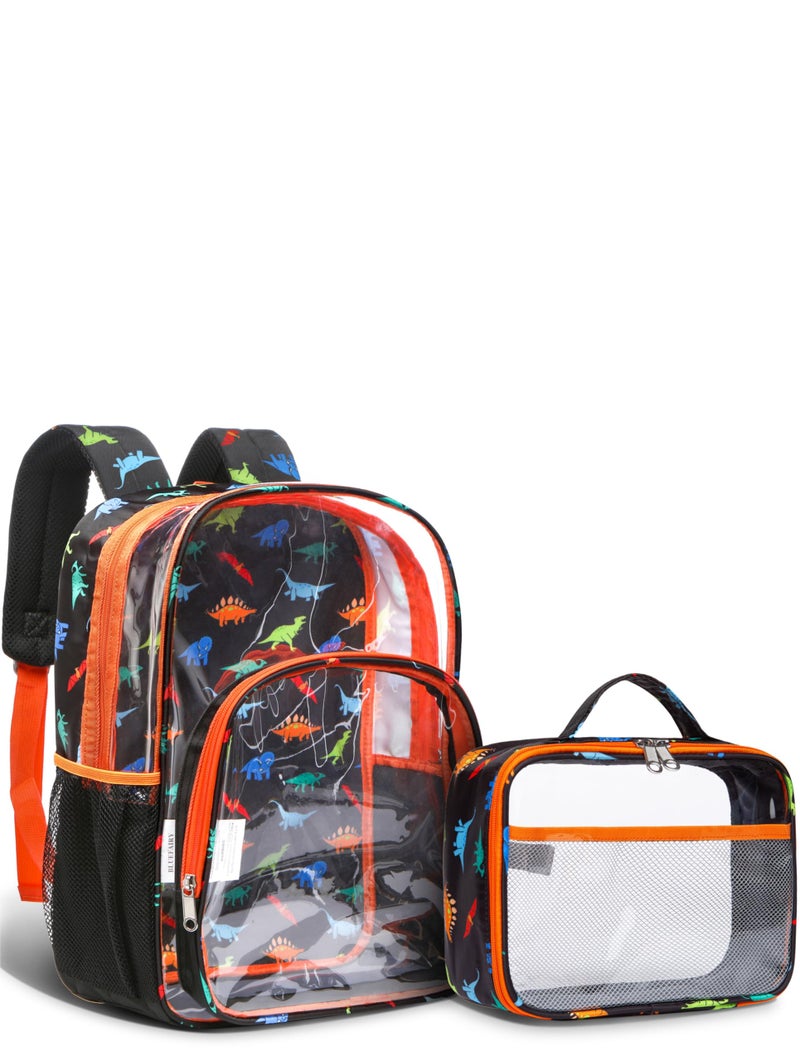BLUEFAIRY Clear Backpack for School with Lunch Box for Kids Boys Girls Large PVC See Through Bookbag and Lunch Bag for Elementary 17 Inch Heavy Duty Transparent Bags for Stadium (Dinosaur, Orange) - Image 1