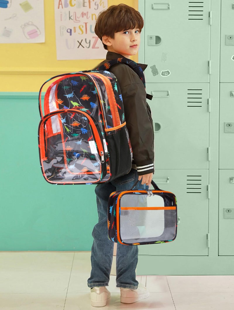 BLUEFAIRY Clear Backpack for School with Lunch Box for Kids Boys Girls Large PVC See Through Bookbag and Lunch Bag for Elementary 17 Inch Heavy Duty Transparent Bags for Stadium (Dinosaur, Orange) - Image 2