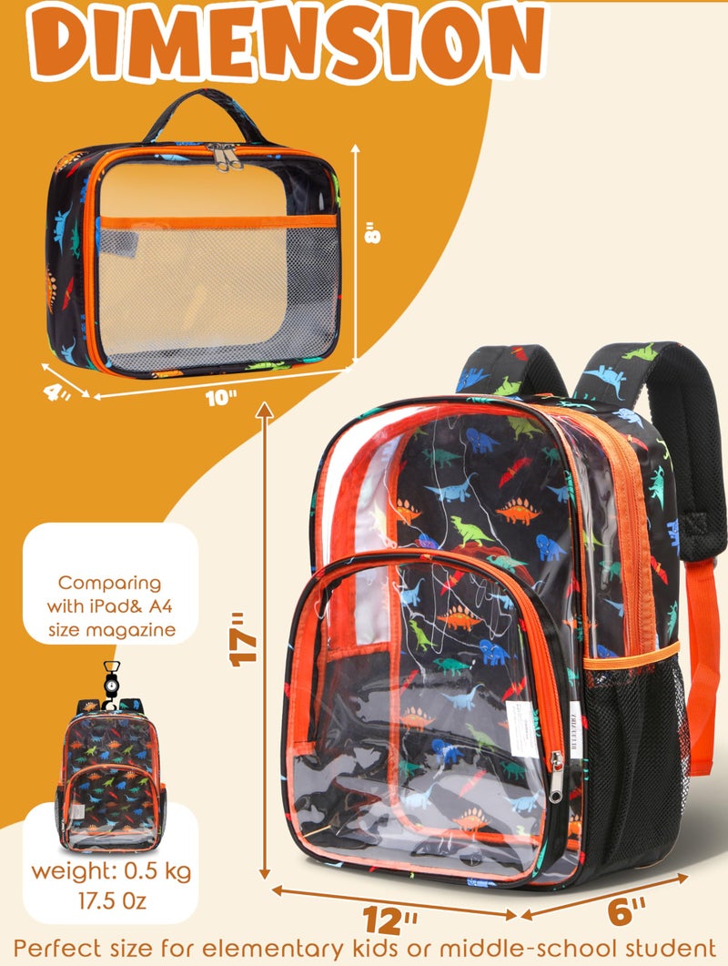 BLUEFAIRY Clear Backpack for School with Lunch Box for Kids Boys Girls Large PVC See Through Bookbag and Lunch Bag for Elementary 17 Inch Heavy Duty Transparent Bags for Stadium (Dinosaur, Orange) - Image 3