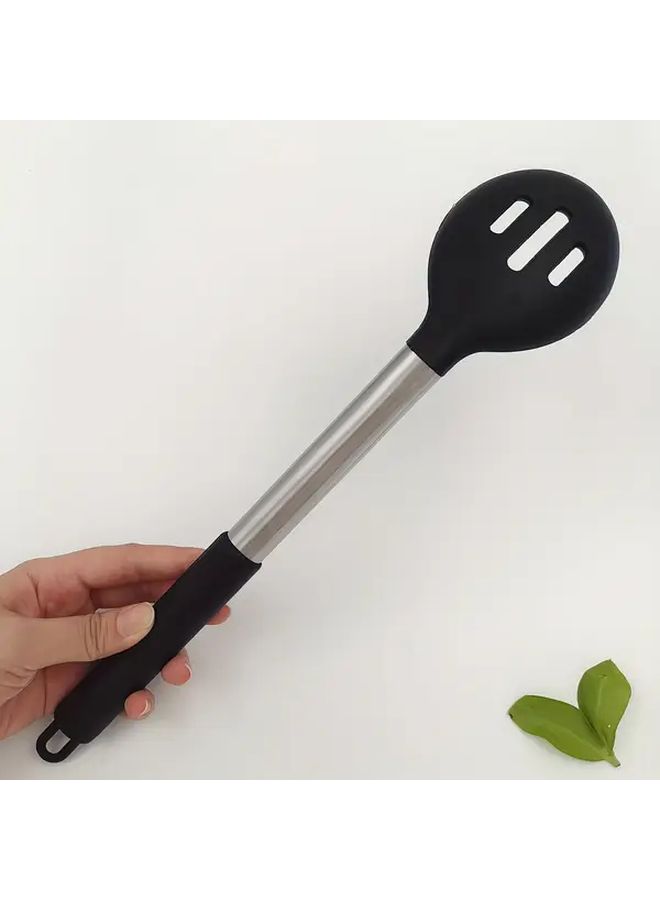 Black Heat Resistant Silicone Slotted Spoon Non Stick Stainless Steel Kitchen Utensil - Image 2
