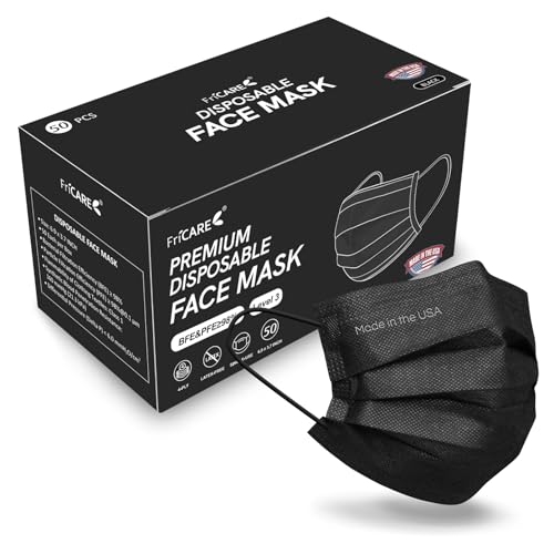 FriCARE Made in USA Disposable Face Masks, 4-Ply ASTM Level 3 Medical Grade, Breathable & Comfortable for Adult Daily Work/Sun Protection, 50 Pack Black - Image 1