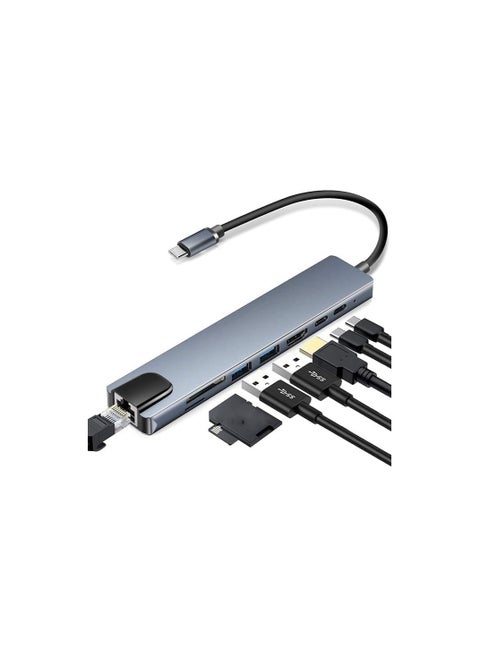 8-in-1 USB C Hub with SD/TF Card Reader, 4K HDMI, USB 3.0, USB-C Power Delivery, RJ45, Compatible with Laptops, Smartphones, and More