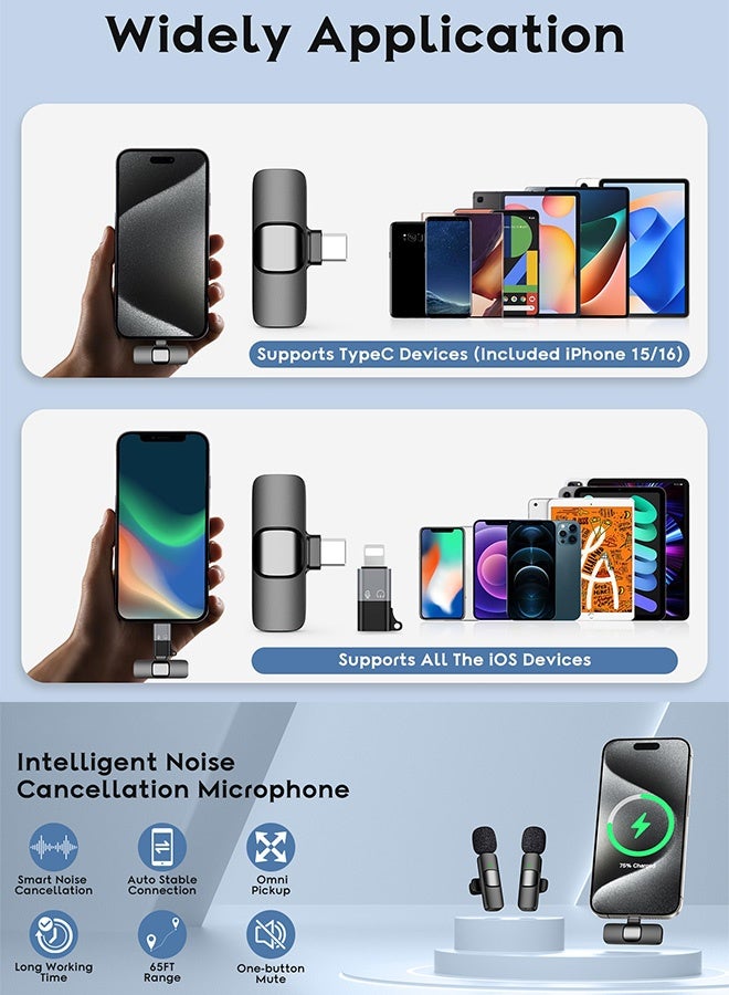 فيميلو 2 عبوة ميكروفون لافالير لاسلكي احترافي لاسلكي احترافي لأجهزة iPhone و iPad و Android، ميكروفون صغير، ميكروفون منخفض التأخير للغاية لإلغاء الضوضاء لتسجيل الفيديو، مدونة فيديو، يوتيوب، تيك توك - Image 3